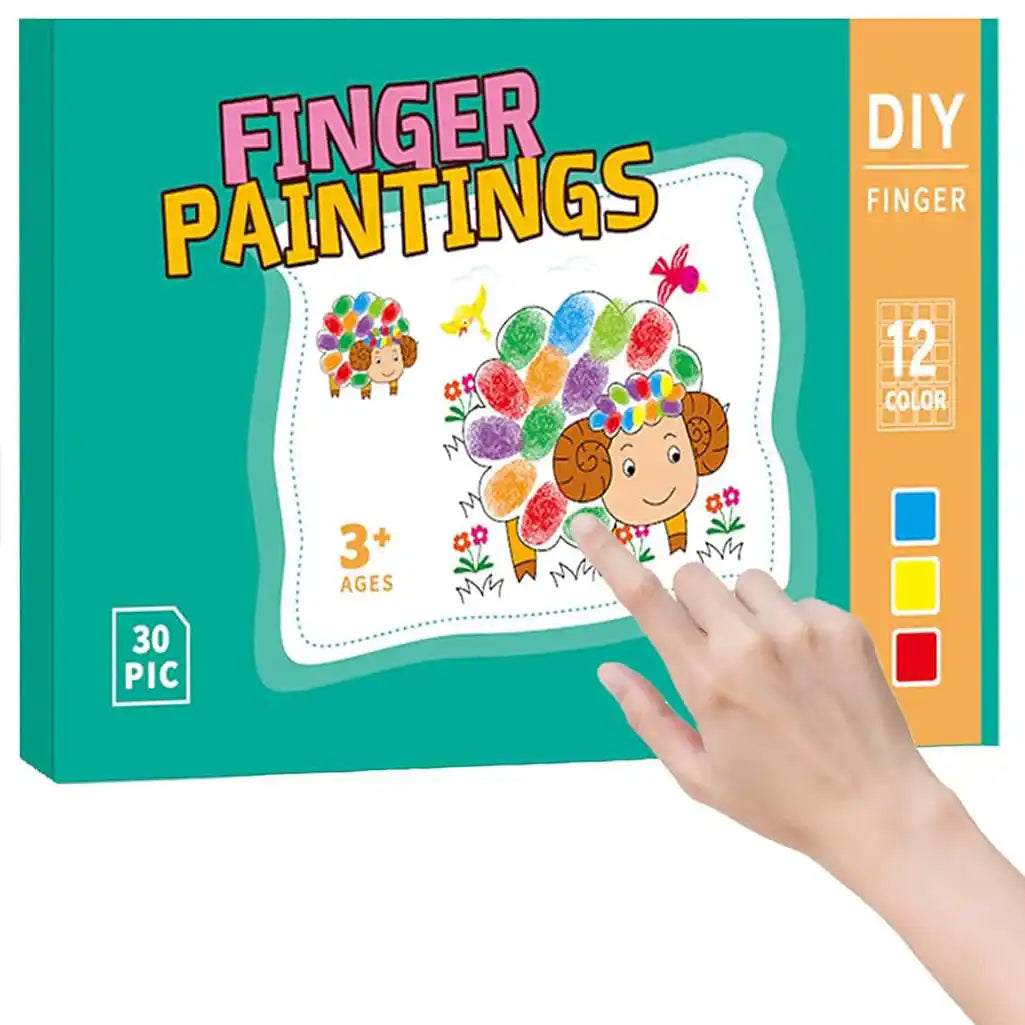 Finger paintings kit with colorful designs and a hand pointing to it on a white background