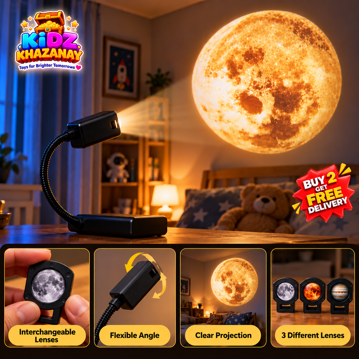 USB moon projector displaying a realistic moon image on a bedroom ceiling